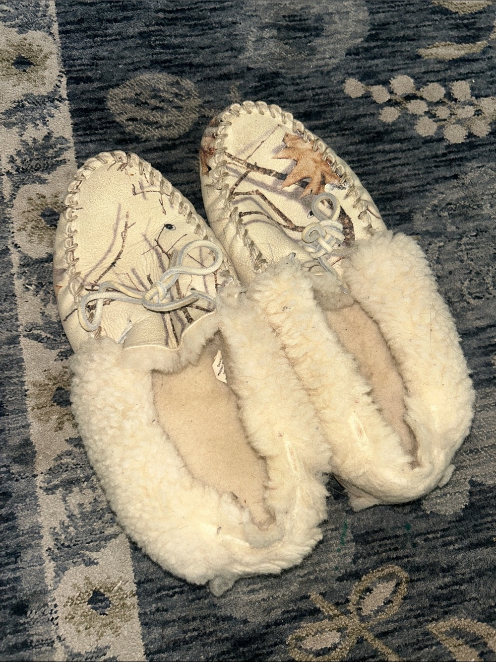 L.L. Bean Women's Cream Faux-Shearling Moccasin Slippers with Leaf Print